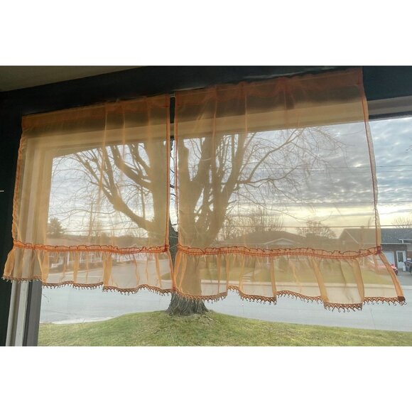 Vintage 70s curtains, orange sheer ruffled panels with cream lace, as a pair - Picture 2 of 10